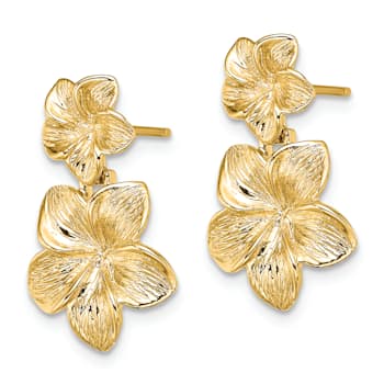 14k Yellow Gold Textured Double Plumeria Flower Dangle Earrings