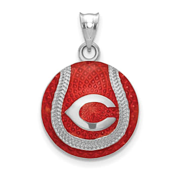 Rhodium Over Sterling Silver MLB LogoArt Cincinnati Reds Enameled Pendant