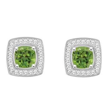 5mm Cushion Peridot 1/5 ctw Diamond Rhodium Over Sterling Silver Halo
Stud Earrings
