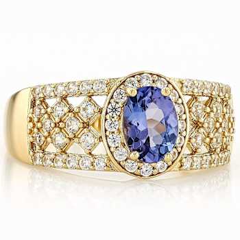 Tanzanite Oval And White Zircon Ring In 18K Gold Over Sterling Silver 1.37ctw