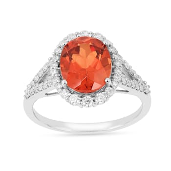 Peach Orange Lab Created Oval Padparadscha Sapphire Halo Ring in Rhodium
Over Sterling Silver