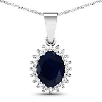 1.30ctw 14K White Gold Blue Sapphire and White Diamond Pendant with 18
inch Cable Chain