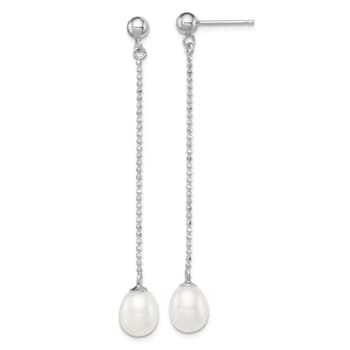 Rhodium Over Sterling Silver 7-8mm White Freshwater Cultured Pearl Post
Dangle Earrings