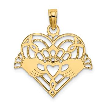 10K Yellow Gold Polished and Beaded Claddagh In Heart Charm