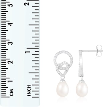 8-8.5mm White Cultured Freshwater Pearl and Cubic Zirconia Rhodium Over
Sterling Silver Earrings