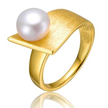 Pear Shape Freshwater Pearl Linear Ring In 14K Gold Over Sterling Silver