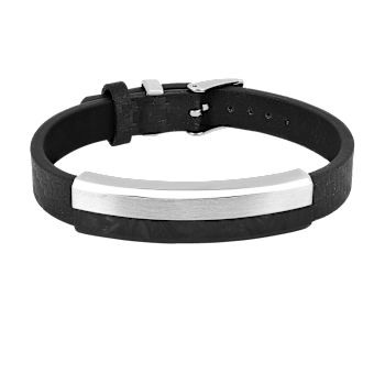 Mens Black Leather, Stainless Steel and Carbon Fiber Bracelet