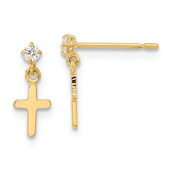 14K Yellow Gold Children's Cubic Zirconia Cross Dangle Earrings
