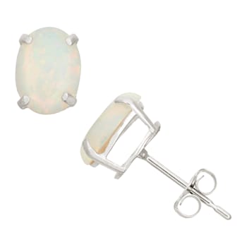 Oval Lab Created Opal 10K White Gold Earrings 5.4ctw