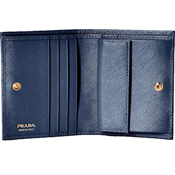 Prada Saffiano Baltico Blue Leather Gold Logo Bifold Snap Wallet