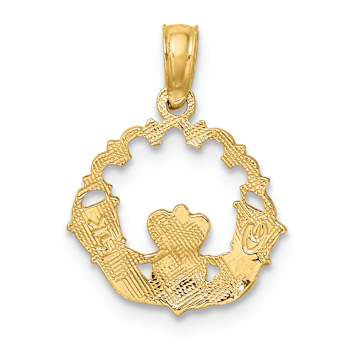 14k Yellow Gold Textured Claddagh In Scallop Circle Charm