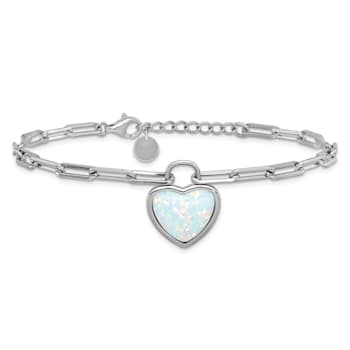 Rhodium Over Sterling Silver Lab Created Opal Heart Paperclip Link with
1-inch Extension Bracelet