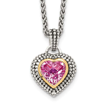 Sterling Silver Antiqued with 14K Accent 8mm Created Pink Sapphire Necklace