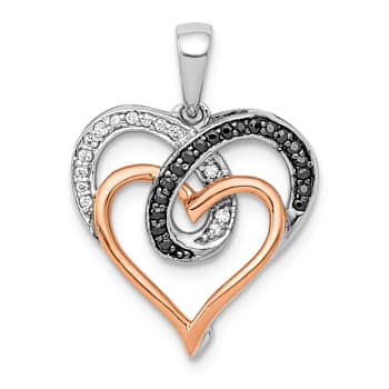 14K Two-tone Gold  with White and Black Diamond Heart Pendant