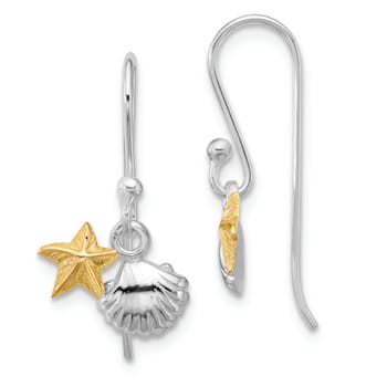Rhodium Over Sterling Silver Two-tone Starfish and Shell Dangle Earrings