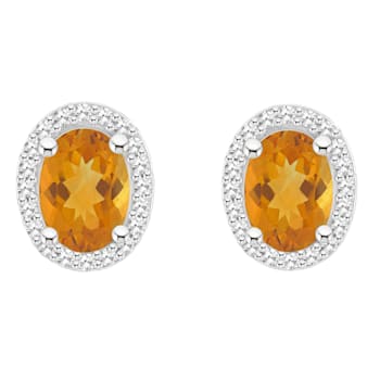7x5mm Oval Citrine 1/5 ctw Diamond Rhodium Over Sterling Silver Halo
Stud Earrings