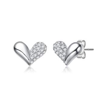 Pave CZ Heart Stud Earrings In White Gold Over Sterling Silver