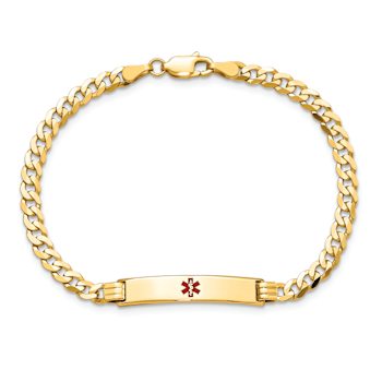 14k Yellow Gold Medical Red Enamel Curb Link ID Bracelet