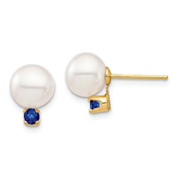 14K Yellow Gold 7-7.5mm White Round Freshwater Cultured Pearl Sapphire
Post Earrings