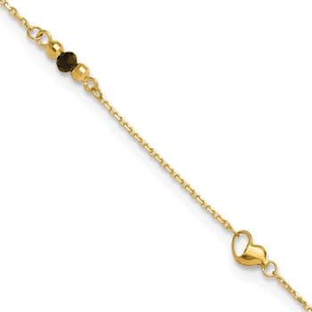 14K Gold Polished/Diamond-cut Heart Lab Created Onyx Beads 9-inch Plus
1-inch Extension Anklet