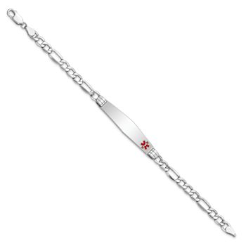 Rhodium Over 14k White Gold Medical Soft Diamond Shape Red Enamel Figaro
ID Bracelet