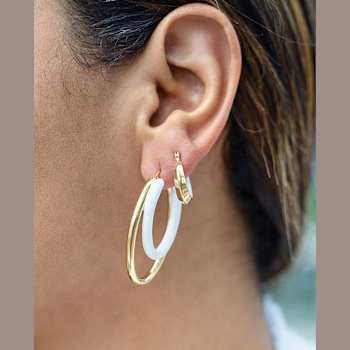 14K Gold Over Sterling Silver Double Oval Enamel Hoops in White