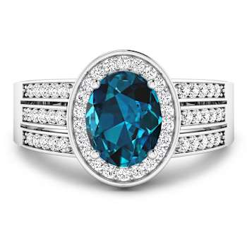 2.34ctw London Blue Topaz and Diamond 14K White Gold Halo Ring