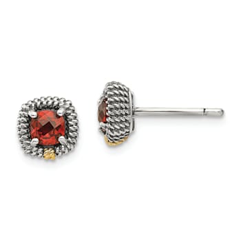 Sterling Silver Antiqued with 14K Accent Square Cushion Garnet Post Earrings