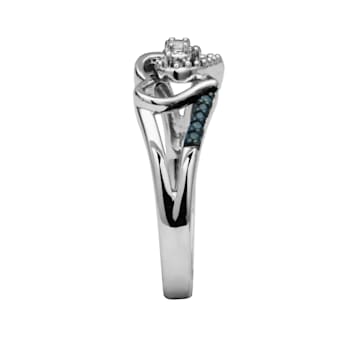 Blue And White Diamond Rhodium Over Sterling Silver Double Heart Ring