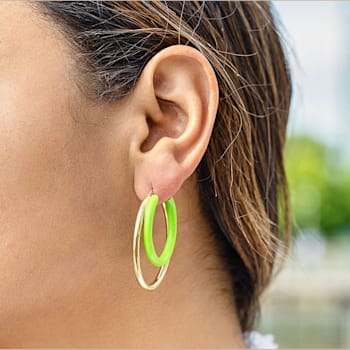 14K Gold Over Sterling Silver Double Oval Enamel Hoops in Neon Green