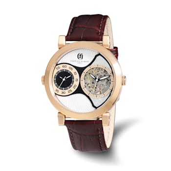 Charles Hubert Men's Rose IP-plated Leather Band 46mm Dual Time Watch