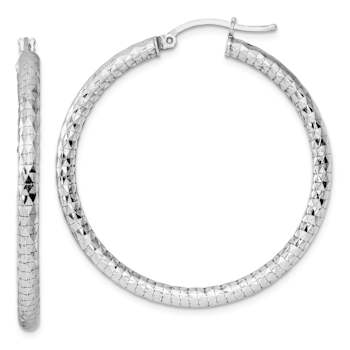Rhodium Over Sterling Silver 3.00mm Diamond-cut Hoop Earrings