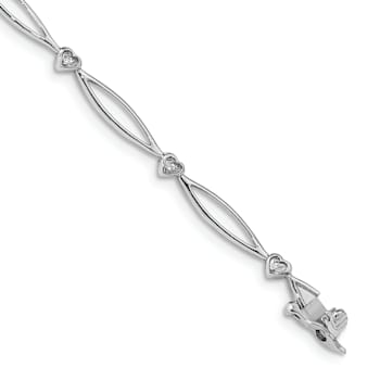 Rhodium Over 14k White Gold Diamond Heart and Oval Link Bracelet