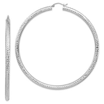 Rhodium Over 14k White Gold 3 1/4" Diamond-Cut Round Tube Hoop Earrings