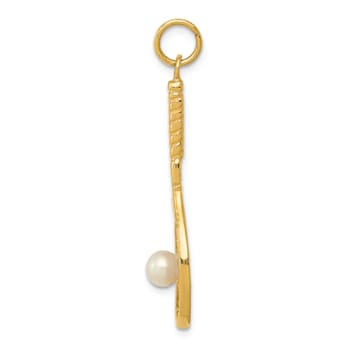 14k Yellow Gold Textured Tennis Racquet with Freshwater Pearl Charm