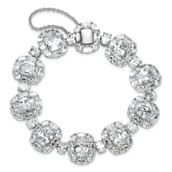 Rhodium Over Sterling Silver Polished Fancy Cubic Zirconia Halo Cluster Bracelet