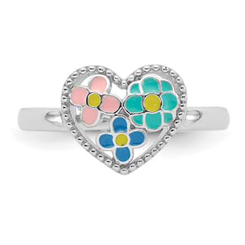 Rhodium Over Sterling Silver Beaded and Enameled Floral Heart Children's Ring