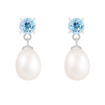 White Freshwater Pearl And Blue Topaz Dangle Earrings In Sterling Silver