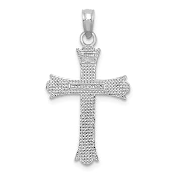 Rhodium Over 14k White Gold Textured Fleur-De-Lis Cross Pendant