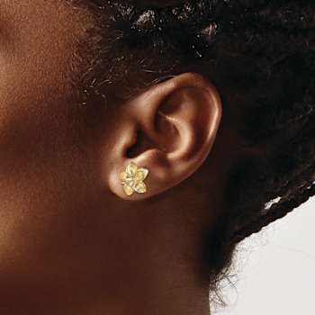 14k Yellow Gold 11.5mm Textured Plumeria Flower Stud Earrings