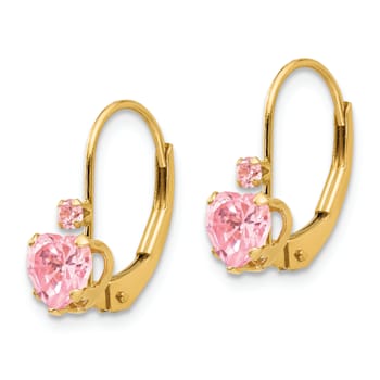 14K Yellow Gold Pink Cubic Zirconia Heart Dangle Earrings