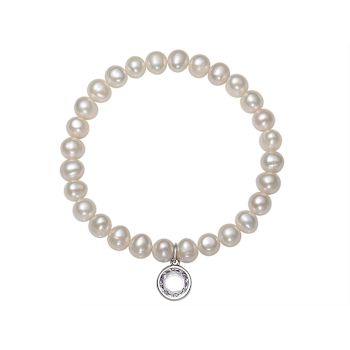 Freshwater Pearl And CZ Charm Stretch Bracelet In Sterling Silver