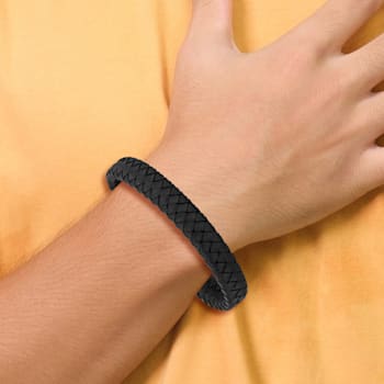 Black Leather and Stainless Steel Antiqued 8.25-inch Bracelet