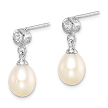 Rhodium Over Sterling Silver 7-8mm White Freshwater Cultured Pearl Cubic
Zirconia Dangle Earrings