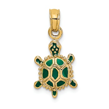 14k Yellow Gold 3D Green Enamel Land Turtle Pendant