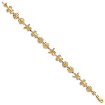 14k Yellow Gold Textured Turtle, Sand Dollar, Shell and Starfish Link Bracelet