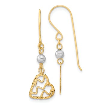 14K Two-tone Gold Satin and Diamond-Cut Heart Dangle Earrings
