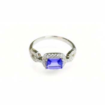 7x5mm Cushion Tanzanite and White CZ Rhodium Over Sterling Silver Ring, 0.86ctw