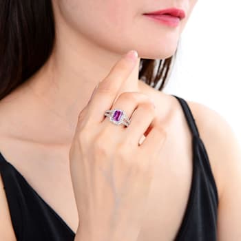 Lab Created Purple Sapphire and White Topaz Sterling Silver Halo with
Split Shank Ring, 2.96ctw