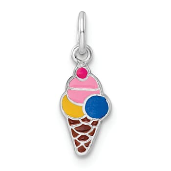 Rhodium Over Sterling Silver Enameled Ice Cream Cone Children's Pendant